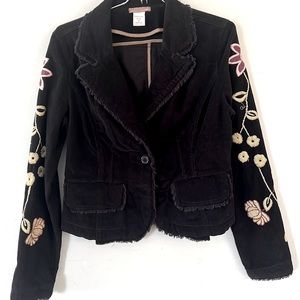 XXI Black Corduroy Floral Sleeve Frayed Jacket Sz Med